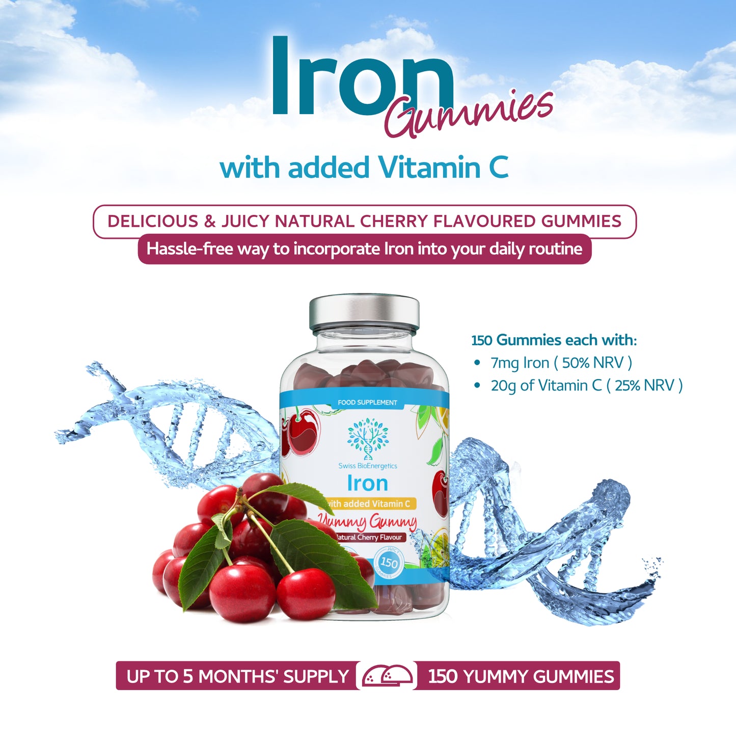 Iron Gummies with Added Vitamin C - 150 Natural Cherry Flavour Chewable Yummy Gummies