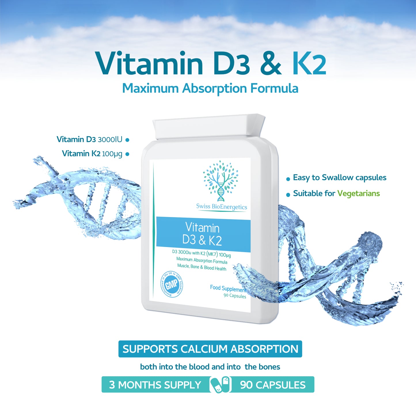 Vitamin D 3,000 IU & Vitamin K2 100ug MK7 Vegetarian Capsules