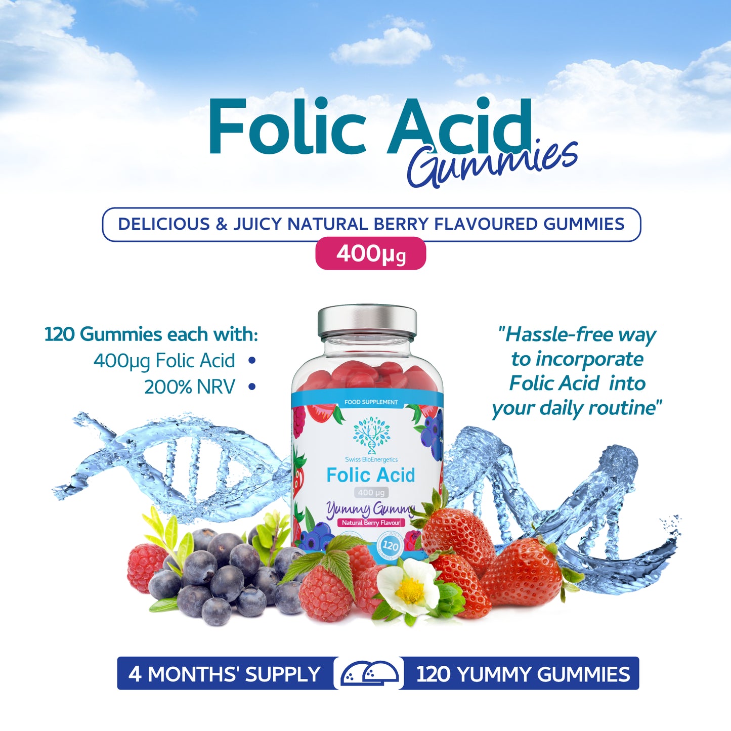 Folic Acid Gummies - 400μg, 120 Natural Berry Flavoured & Vegan Gummies (Copy)