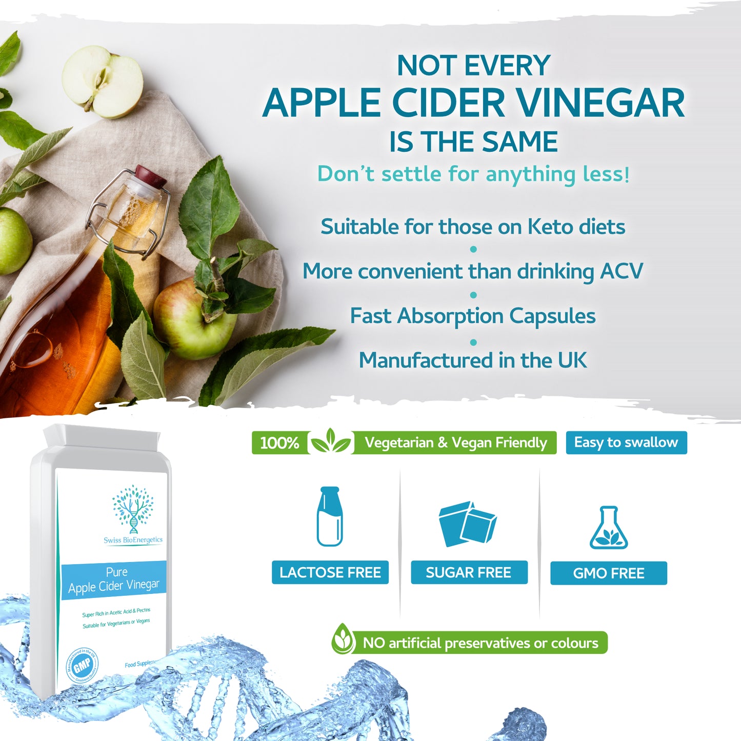 Pure Apple Cider Vinegar 120 Capsules 1500mg Daily Dosage from 3 Capsules