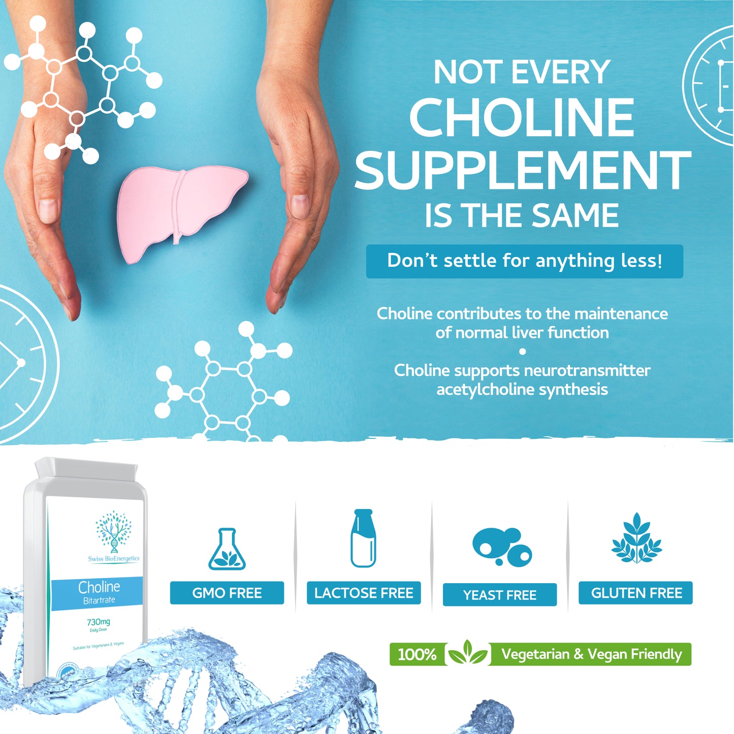 Choline Bitartrate 730mg Daily Dose, 120 Vegan Choline Supplement Capsules