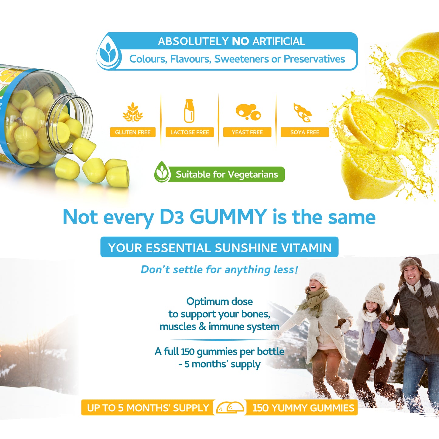 Vitamin D3 Gummies 25µg 1000IU - 150 Natural Lemon Flavour Chewable Yummy Gummies