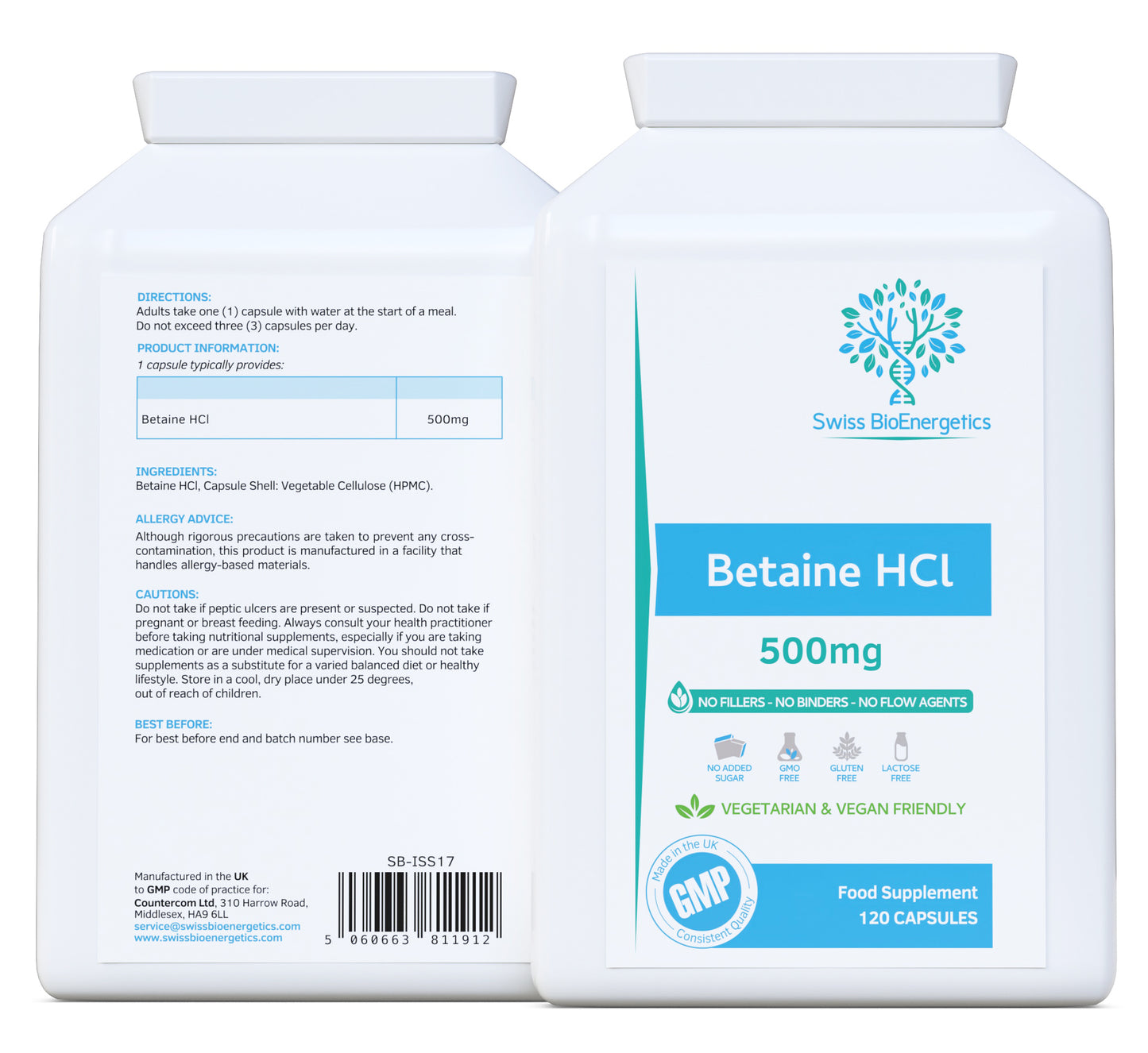 Betaine HCl 500mg per Capsule - 120 Vegan Capsules