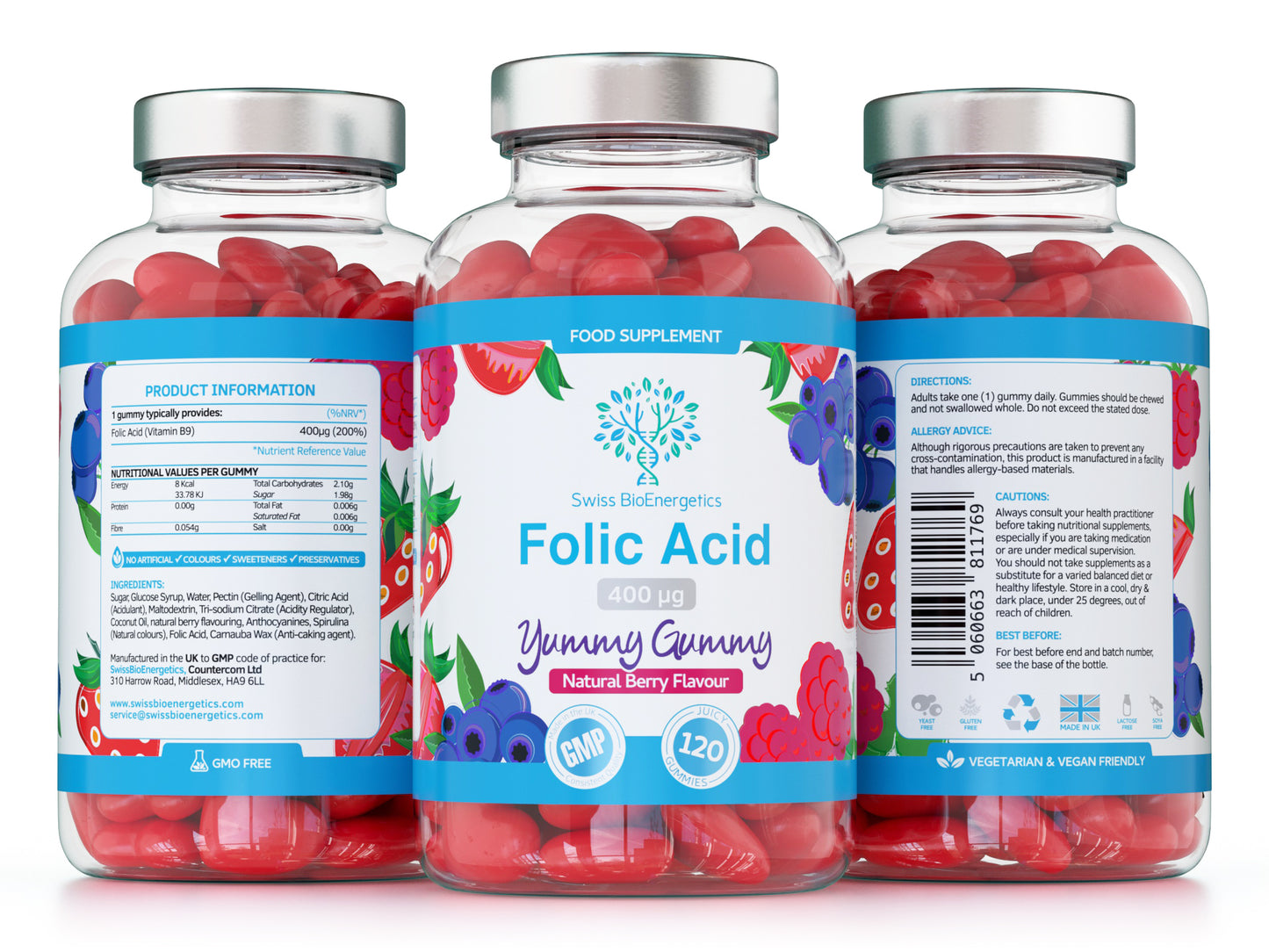 Folic Acid Gummies - 400μg, 120 Natural Berry Flavoured & Vegan Gummies (Copy)