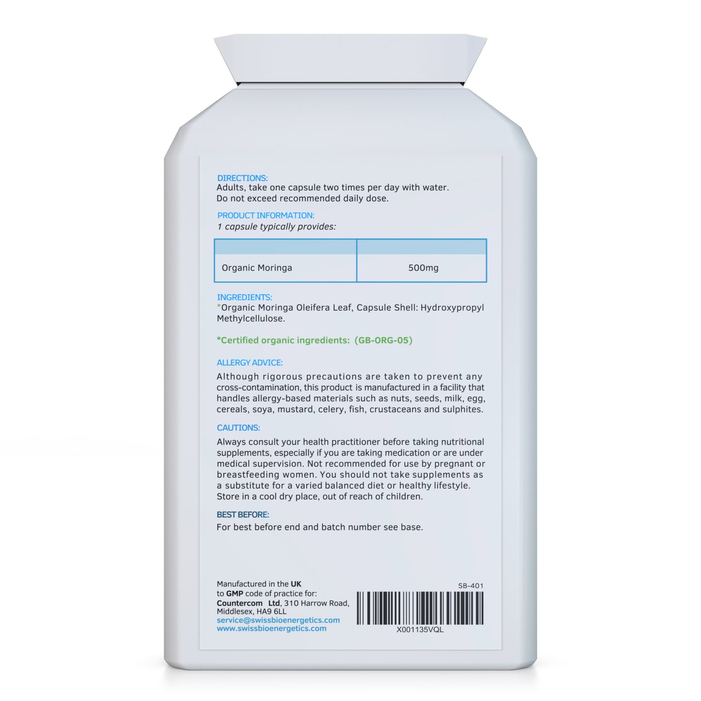 Pure Organic Moringa Oleifera 500mg 120 Capsules