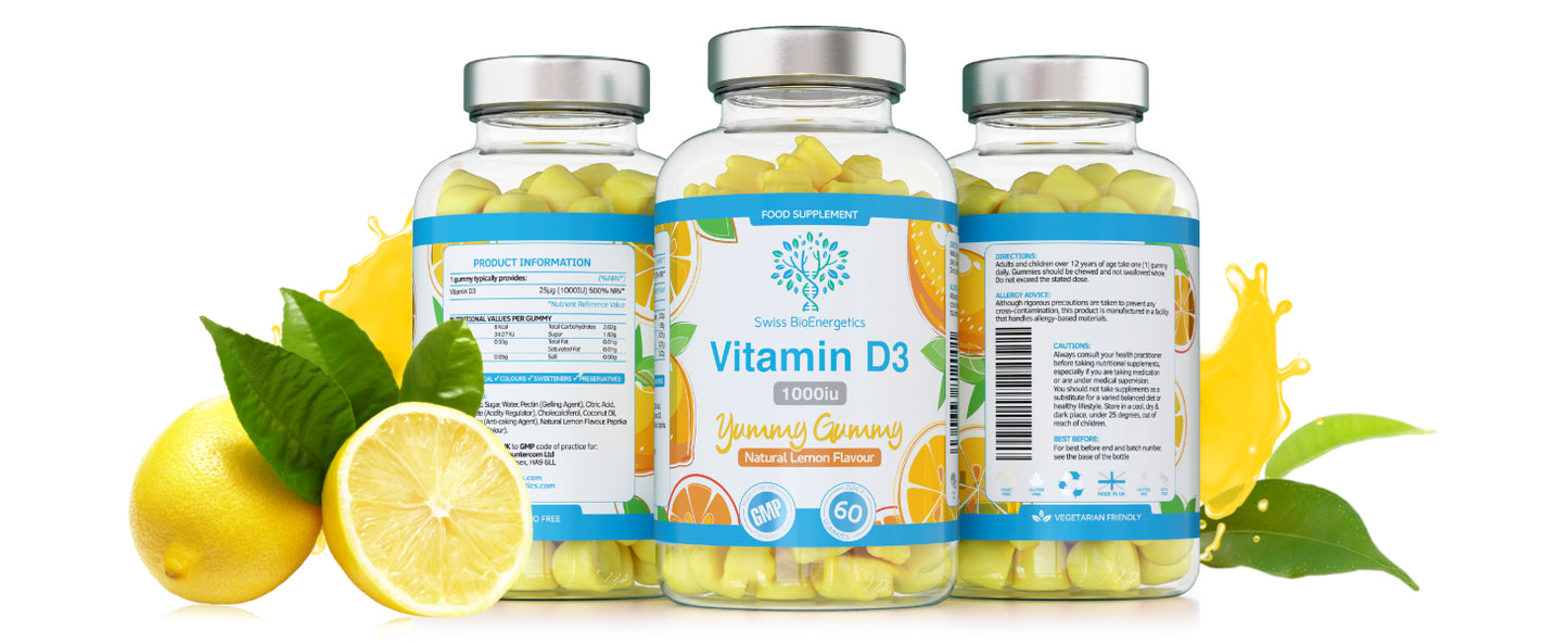 Vitamin D3 Gummies 25µg 1000IU - 60 Natural Lemon Flavour Chewable Yummy Gummies