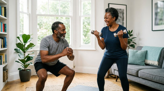 A couple in their late 50s enjoying a home strength-training session together in a bright living room