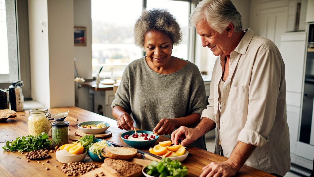 An older couple preparing a healthy breakfast of yogurt, fruit, sauerkraut and greens in a bright British kitchen, representing gut health and healthy aging