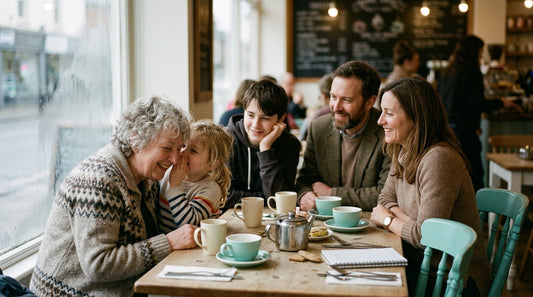 Family sharing a table in a cafe, grandmother listening as her grandchild whispers a secret in her ear