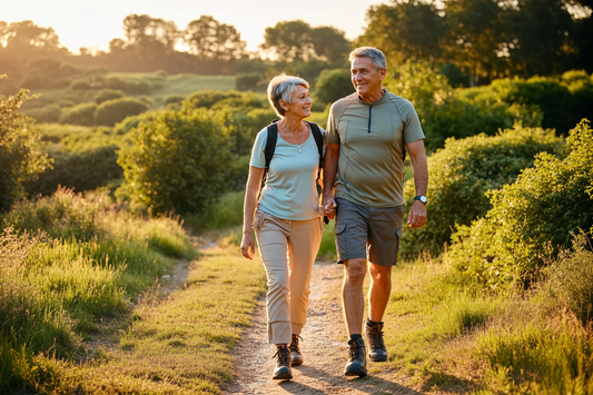 Healthy active couple hiking together on a sunlit countryside trail