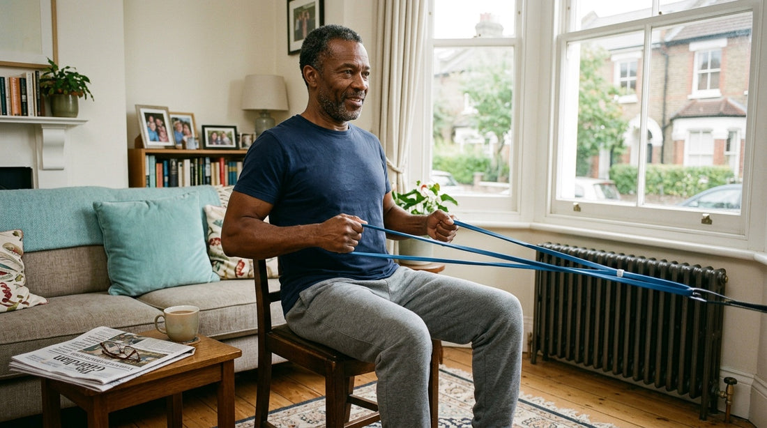 A man in his late 50s doing a resistance band exercise at home
