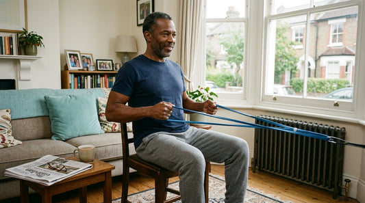 A man in his late 50s doing a resistance band exercise at home