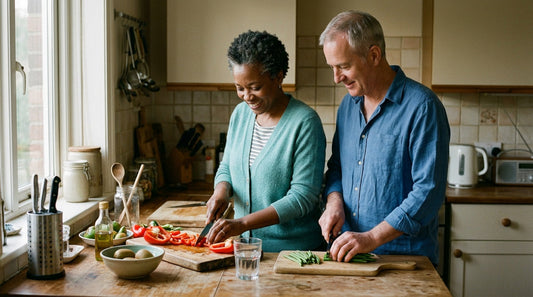 A couple in their mid-50s happily preparing a light evening meal together in a British kitchen