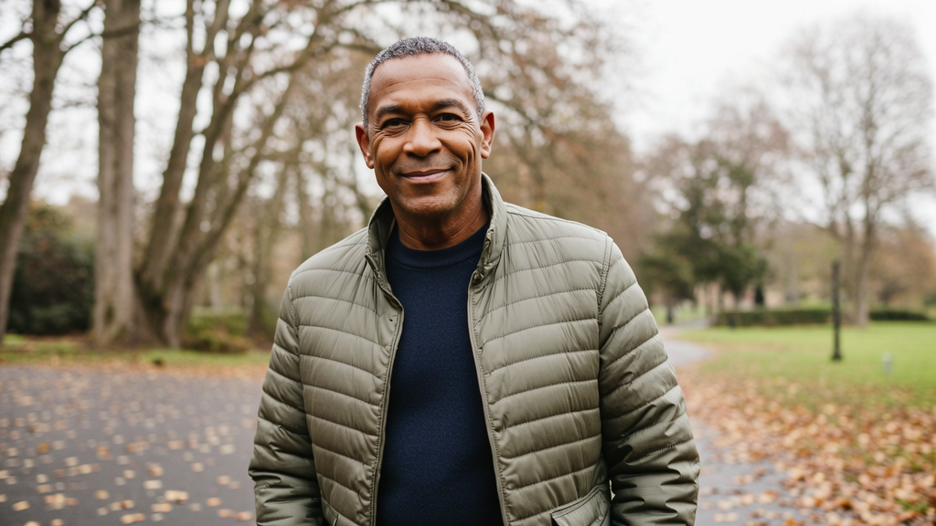 A relaxed man in his late 50s outdoors in a British park