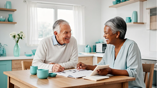 An engaged older couple doing a crossword together at a bright kitchen table