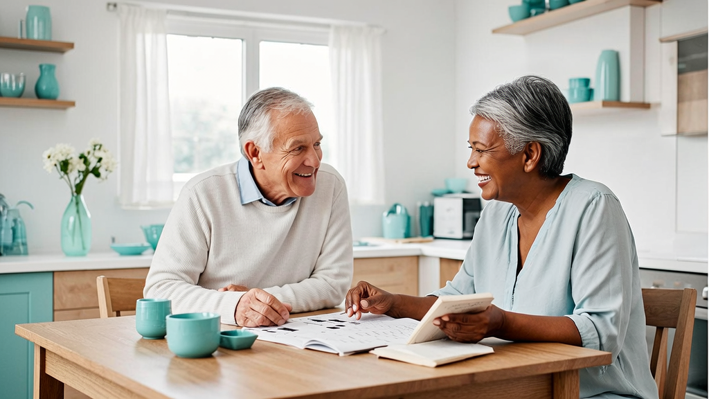 An engaged older couple doing a crossword together at a bright kitchen table