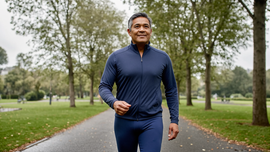 A fit man in his late 50s walking through a British park on an overcast morning, representing healthy aging and testosterone wellness
