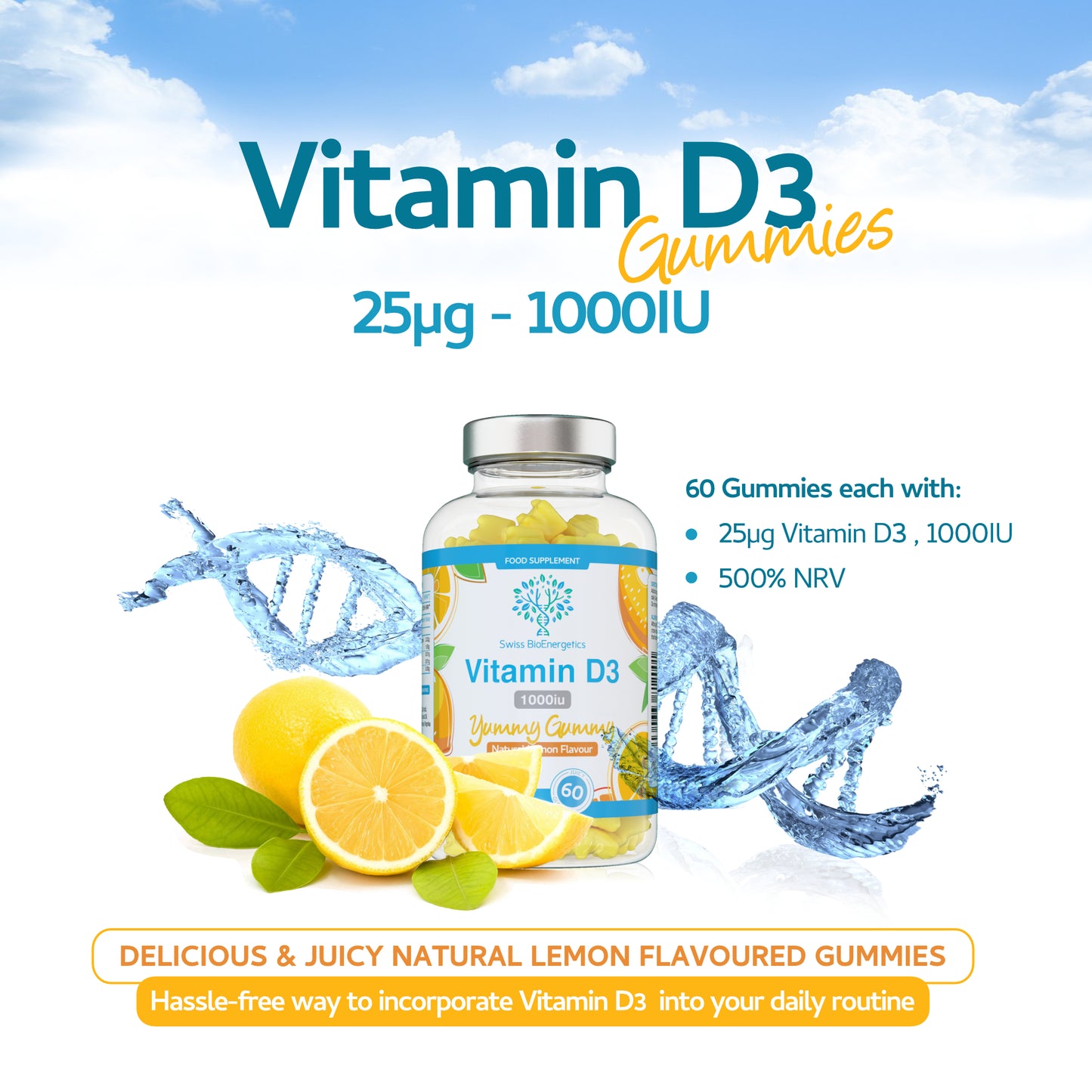 Vitamin D3 Gummies 25µg 1000IU - 60 Natural Lemon Flavour Chewable Yummy Gummies
