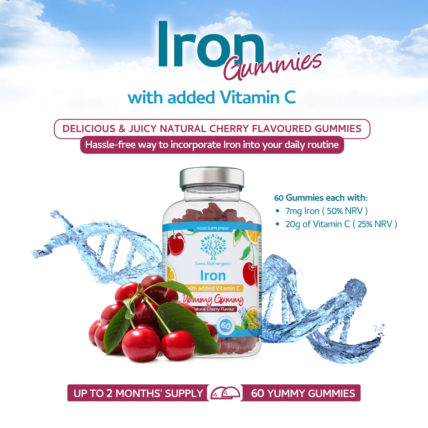 Iron Gummies with Added Vitamin C - 60 Natural Cherry Flavour Chewable Yummy Gummies