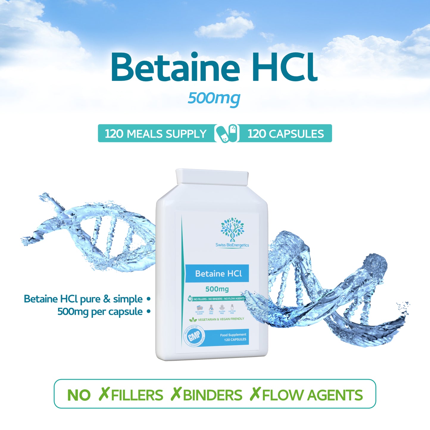 Betaine HCl 500mg per Capsule - 120 Vegan Capsules