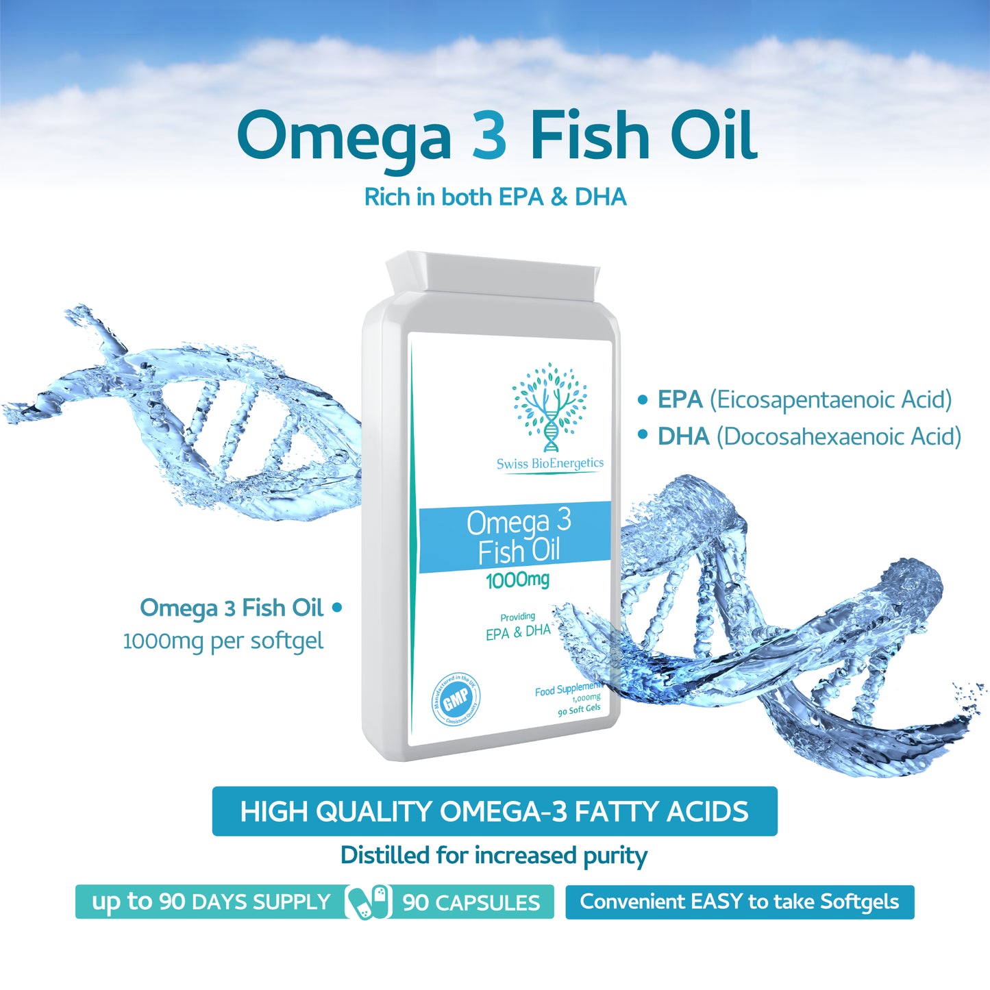 Omega-3 Fish Oil Soft Gels - Ultra Potent 1000mg, 90 Capsules