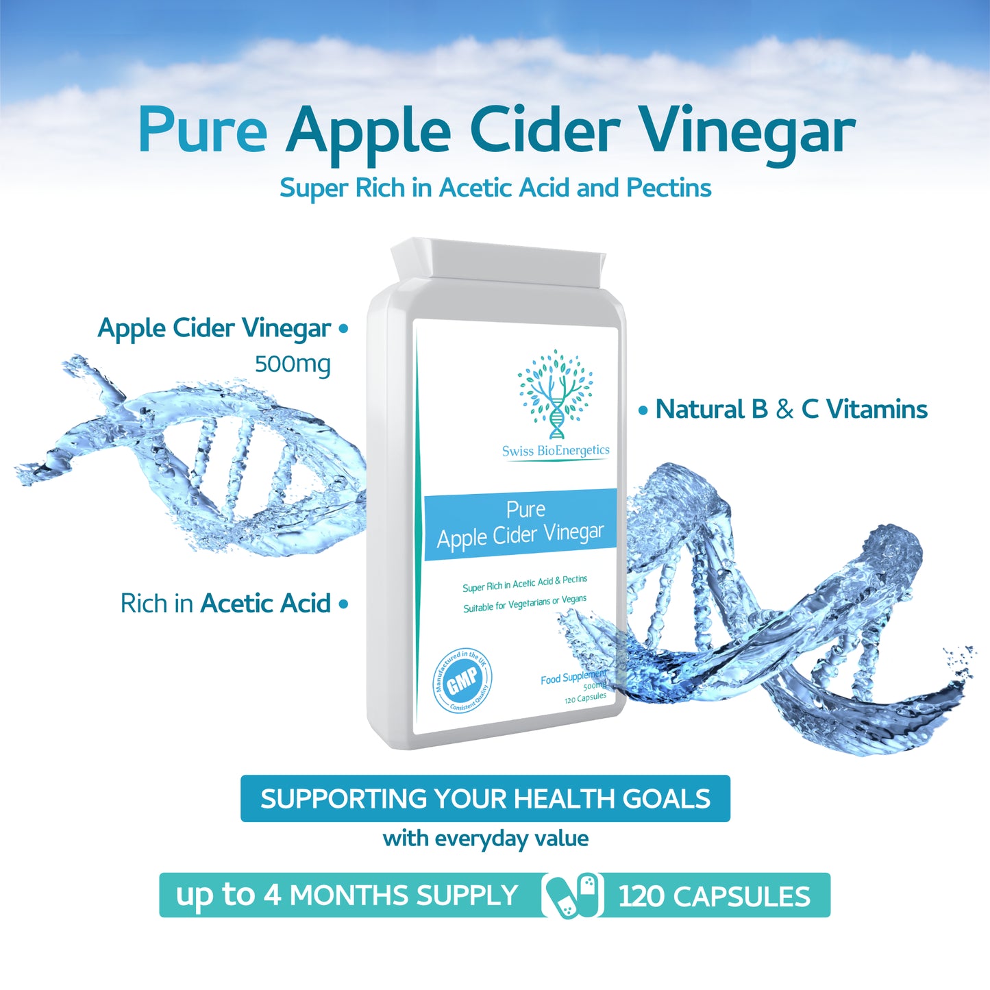 Pure Apple Cider Vinegar 120 Capsules 1500mg Daily Dosage from 3 Capsules