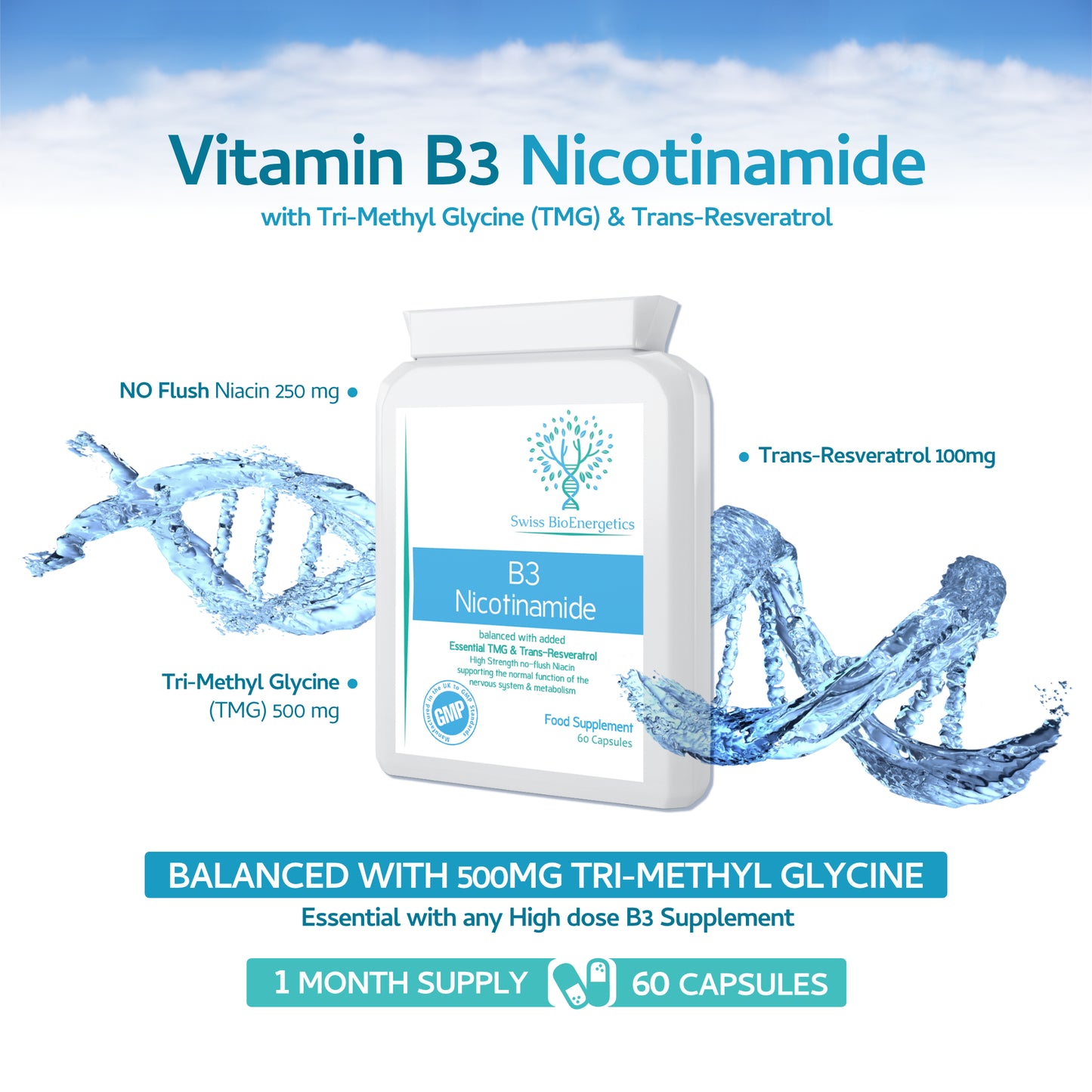 Vitamin B3 Nicotinamide (no Flush Niacin) balanced with Tri-Methyl Glycine (TMG) & Trans-Resveratrol