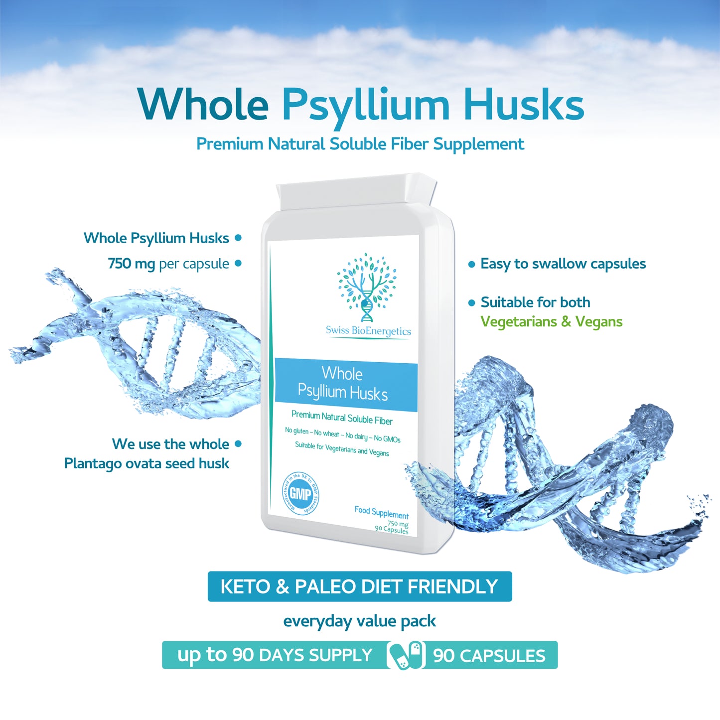 Fibre Supplement 750mg Whole Psyllium Husk (not just Extract)