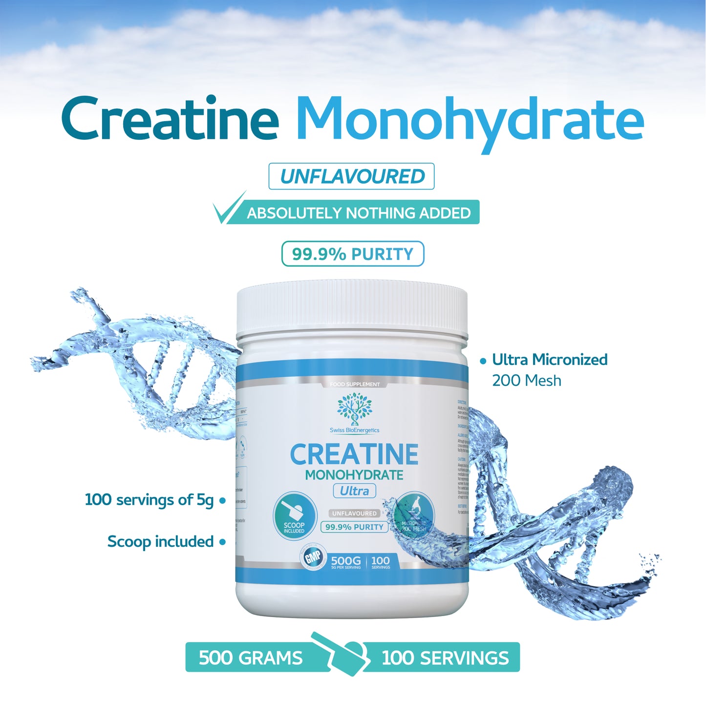 Swiss BioEnergetics Creatine Monohydrate Powder - 500g (100 Servings)