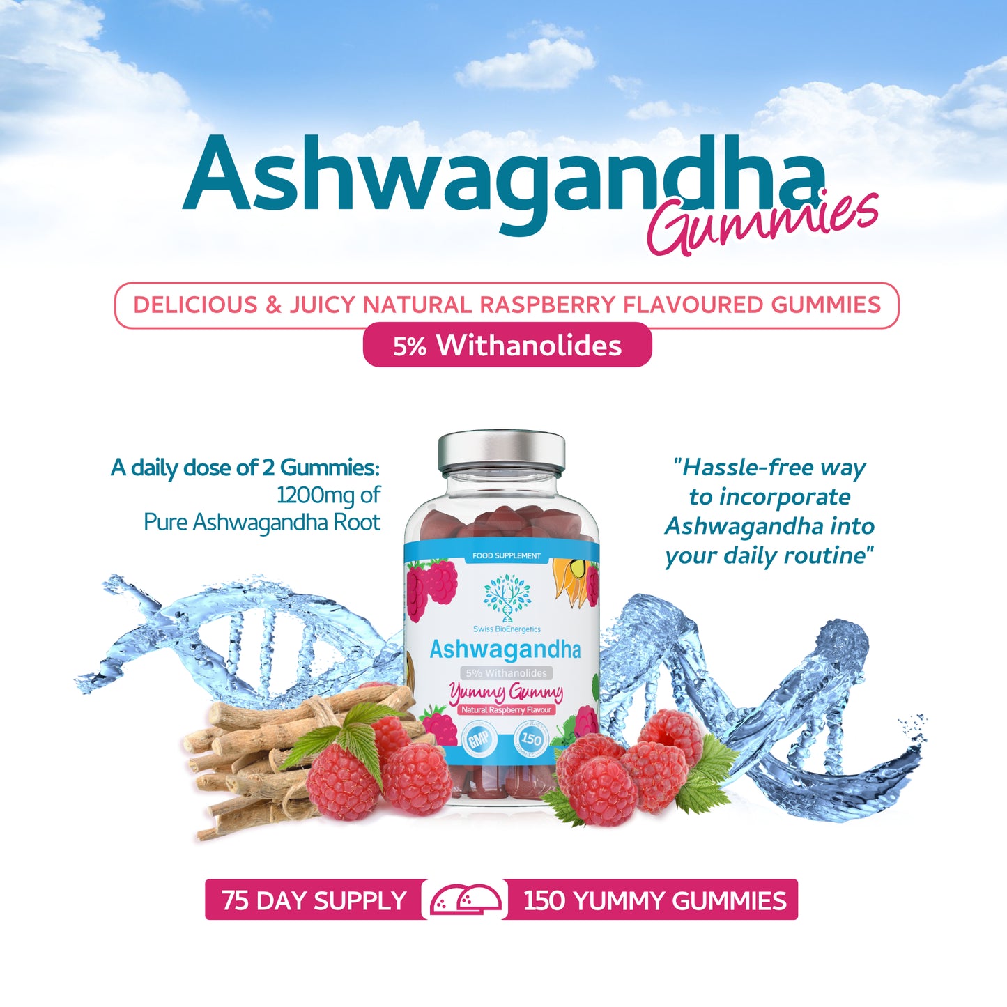 Ashwagandha Gummies - 150 Natural Raspberry Flavoured Chewable & Yummy