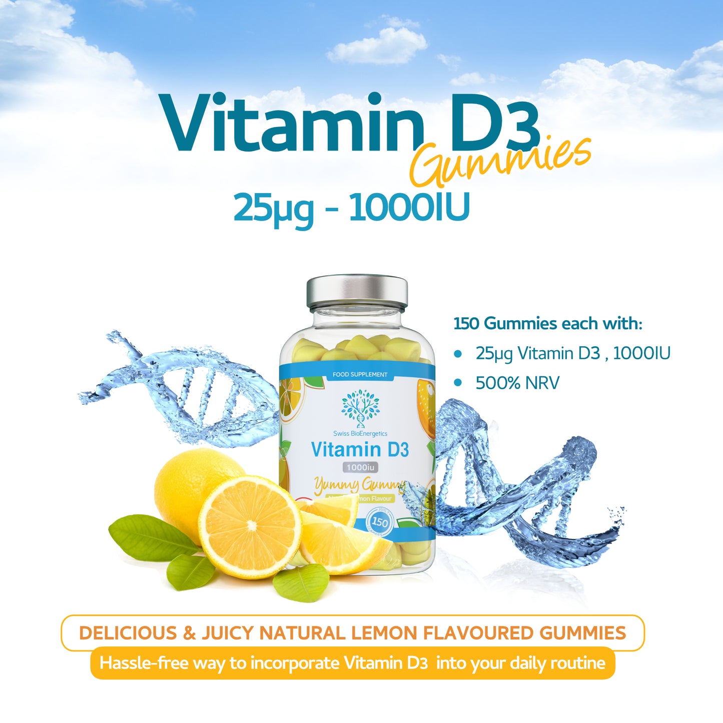 Vitamin D3 Gummies 25µg 1000IU - 150 Natural Lemon Flavour Chewable Yummy Gummies