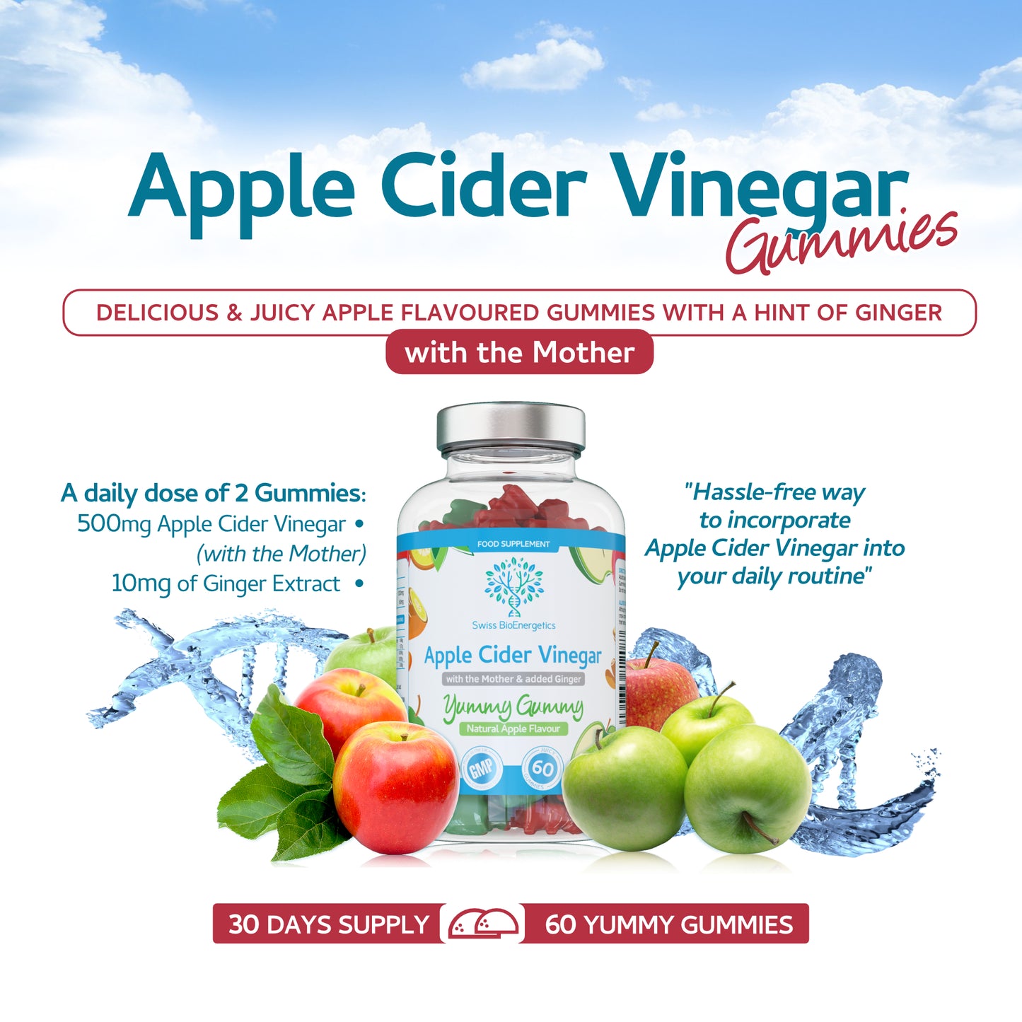 Apple Cider Vinegar Gummies with The Mother & Ginger - 60 Natural Apple Flavoured