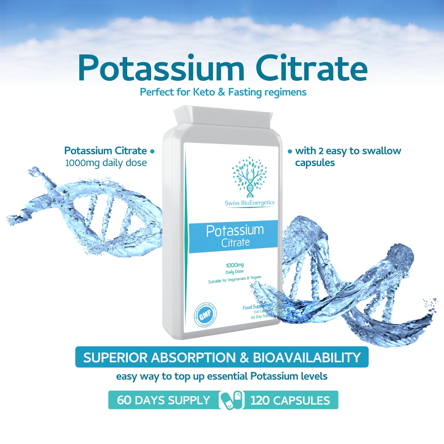 Potassium Citrate 1000mg Daily dose, 120 Vegan Capsules