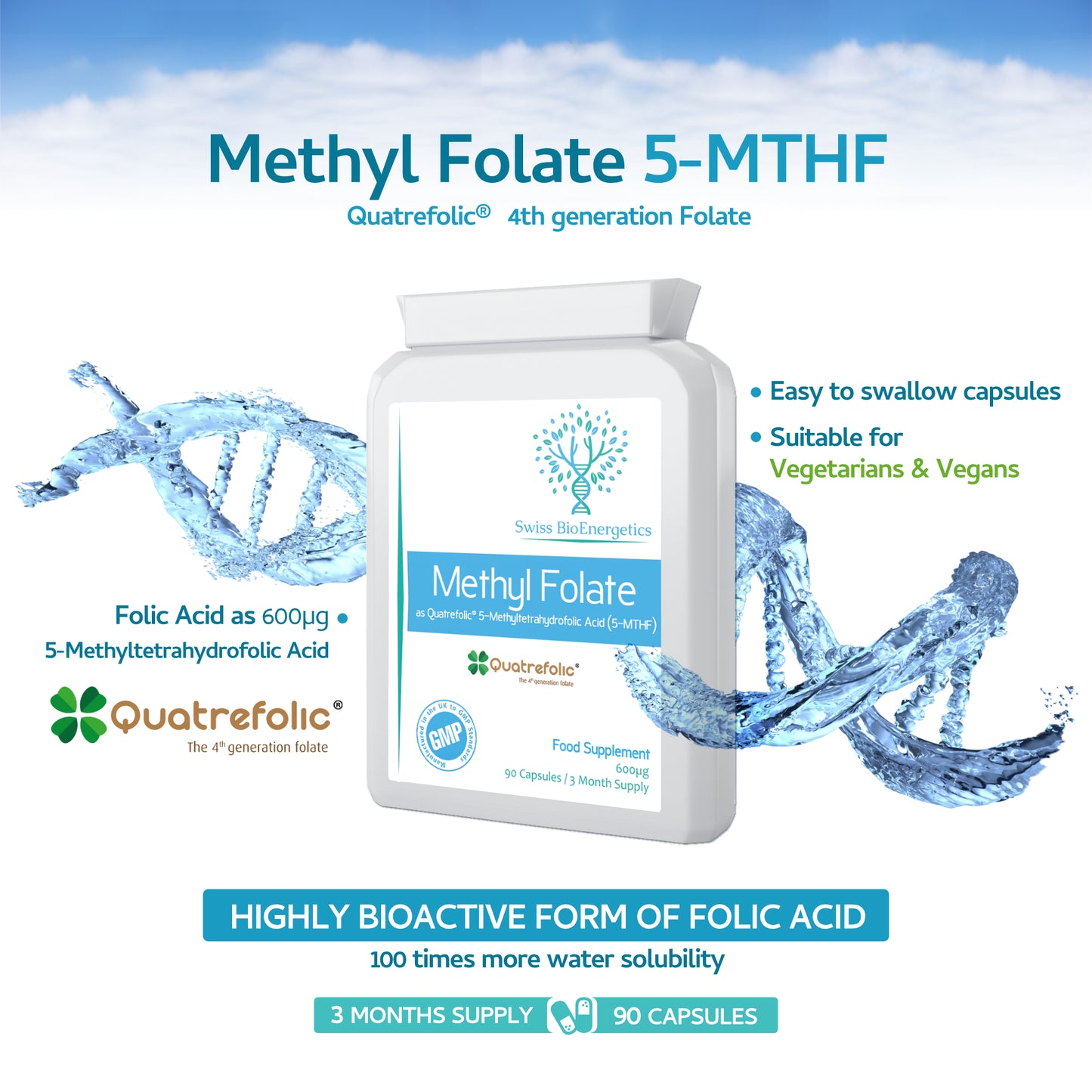 Methyl Folate 600µg - 90 Capsules as Quatrefolic 5-MTHF : The 4th Generation Folate