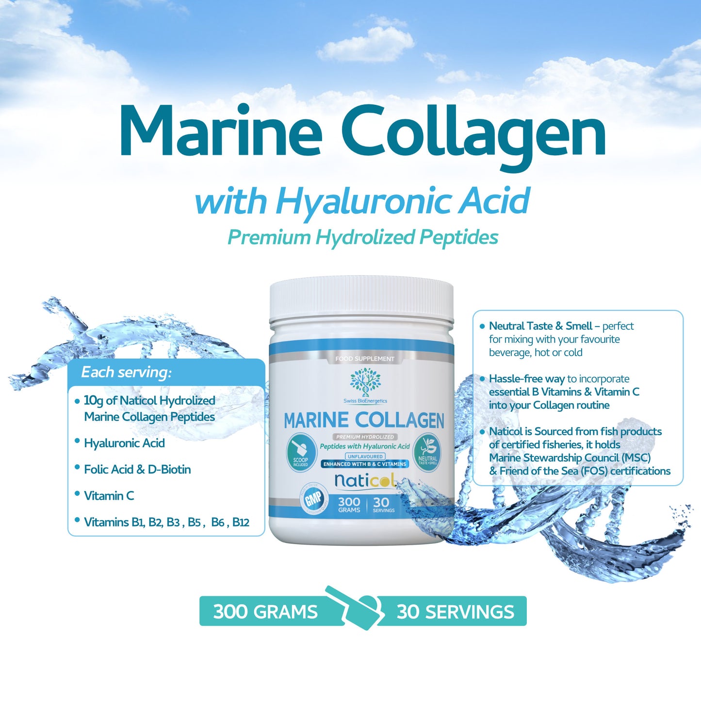 Marine Collagen Hydrolysed Peptides with Hyaluronic Acid & D-Biotin - 300 grams