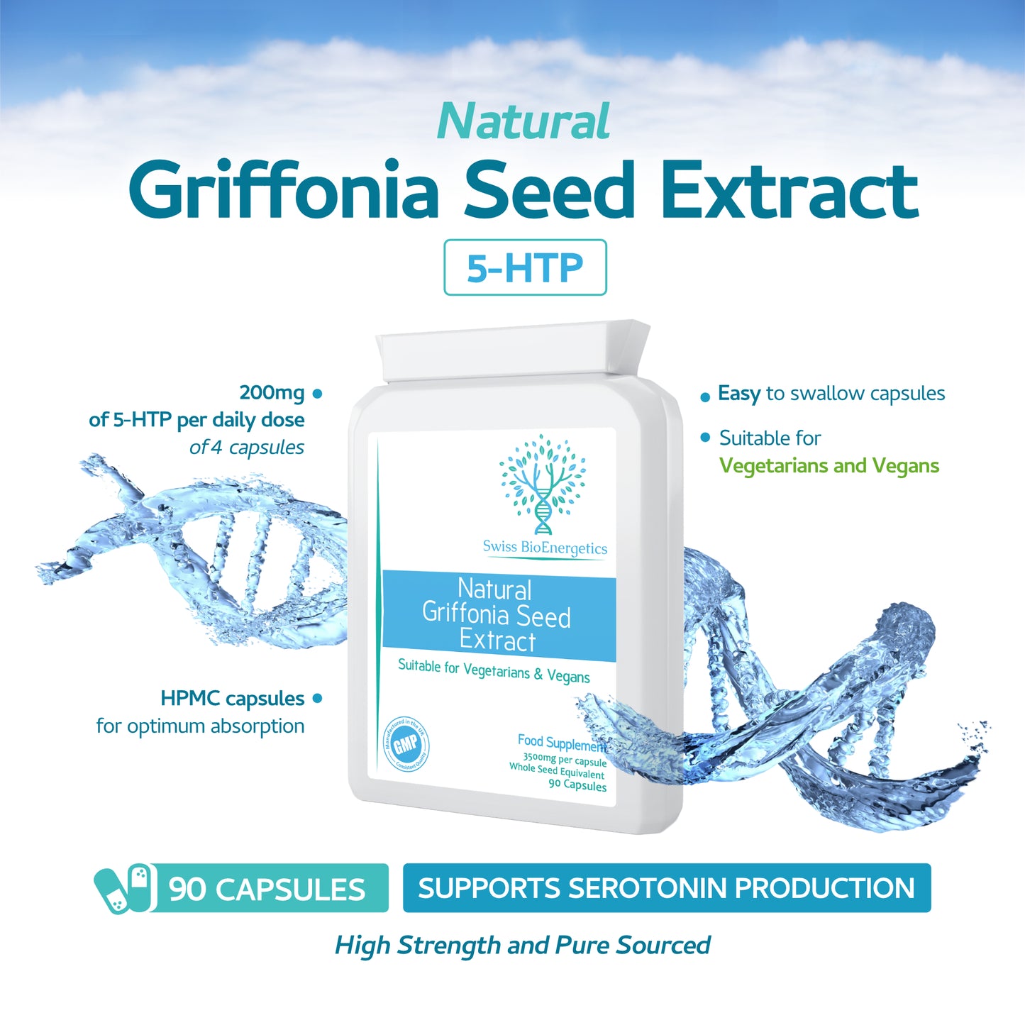 5HTP - Natural Griffonia Seed Extract Supplement – 90 Capsules - Made in The UK to the GMP code of practice