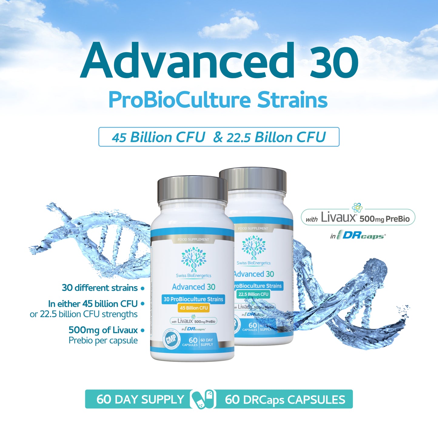 Bio Cultures Complex Probiotics 30-strains, 22.5 Billion CFU plus 500mg Livaux Prebiotic