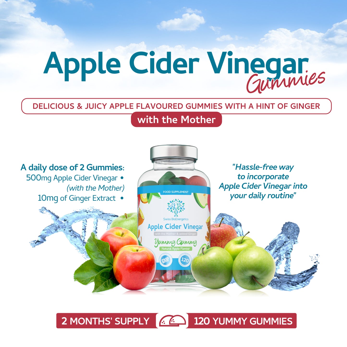 Apple Cider Vinegar Gummies with The Mother & Ginger - 120 Natural Apple Flavoured