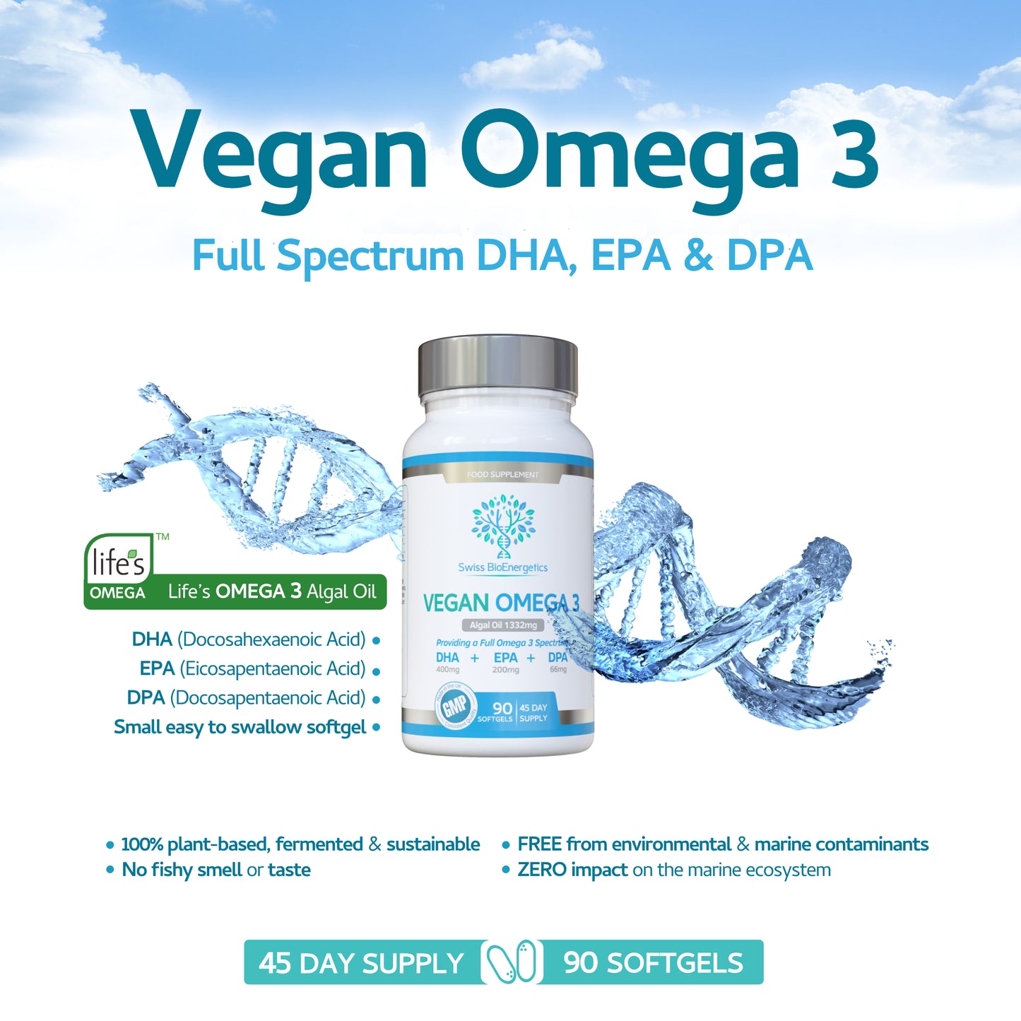 Vegan Omega 3 - Full Spectrum DHA, EPA & DPA - 90 Softgels of Lifes Omega Algal Oil
