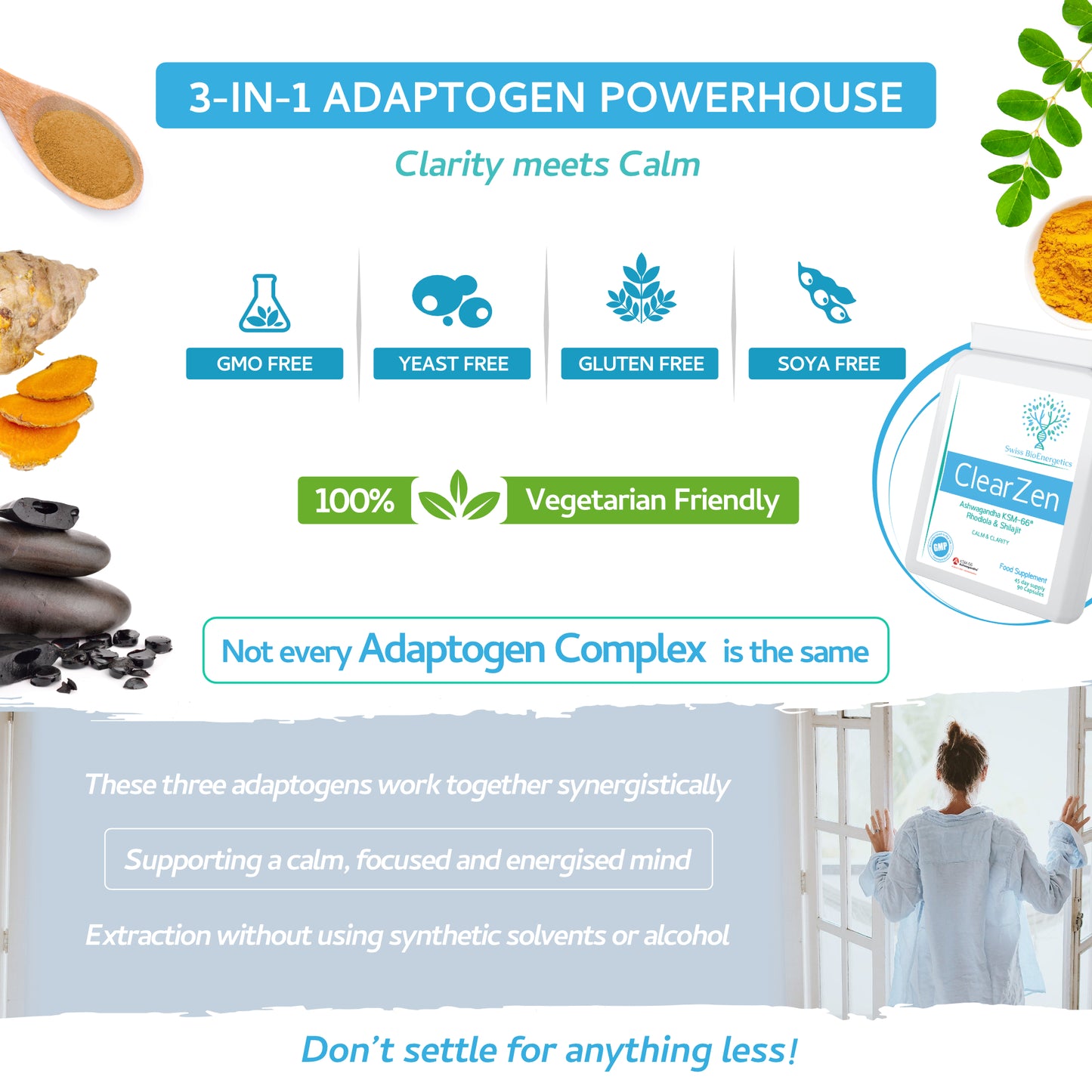 Rhodiola, Ashwagandha and Shilajit - ClearZen - Adaptogen 3-in-1 Complex