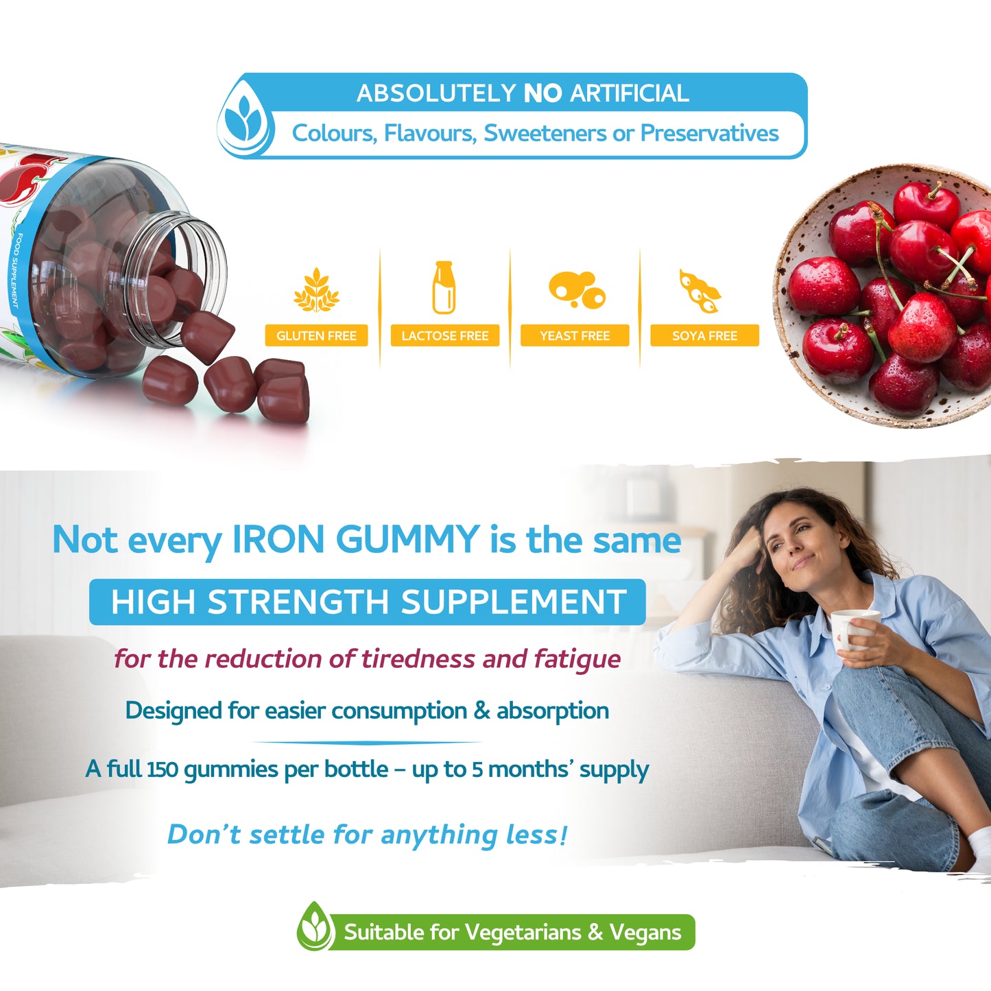 Iron Gummies with Added Vitamin C - 150 Natural Cherry Flavour Chewable Yummy Gummies