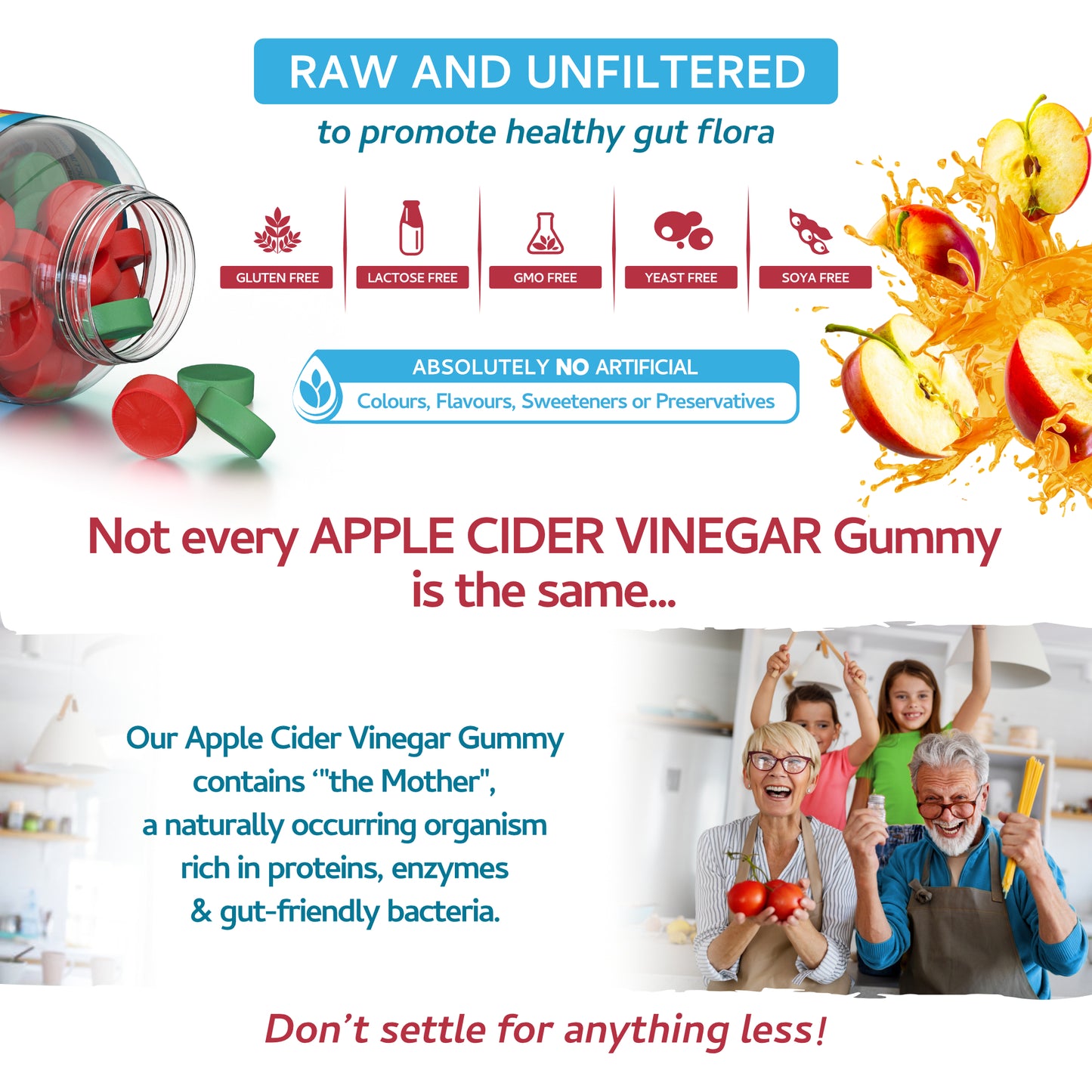 Apple Cider Vinegar Gummies with The Mother & Ginger - 60 Natural Apple Flavoured