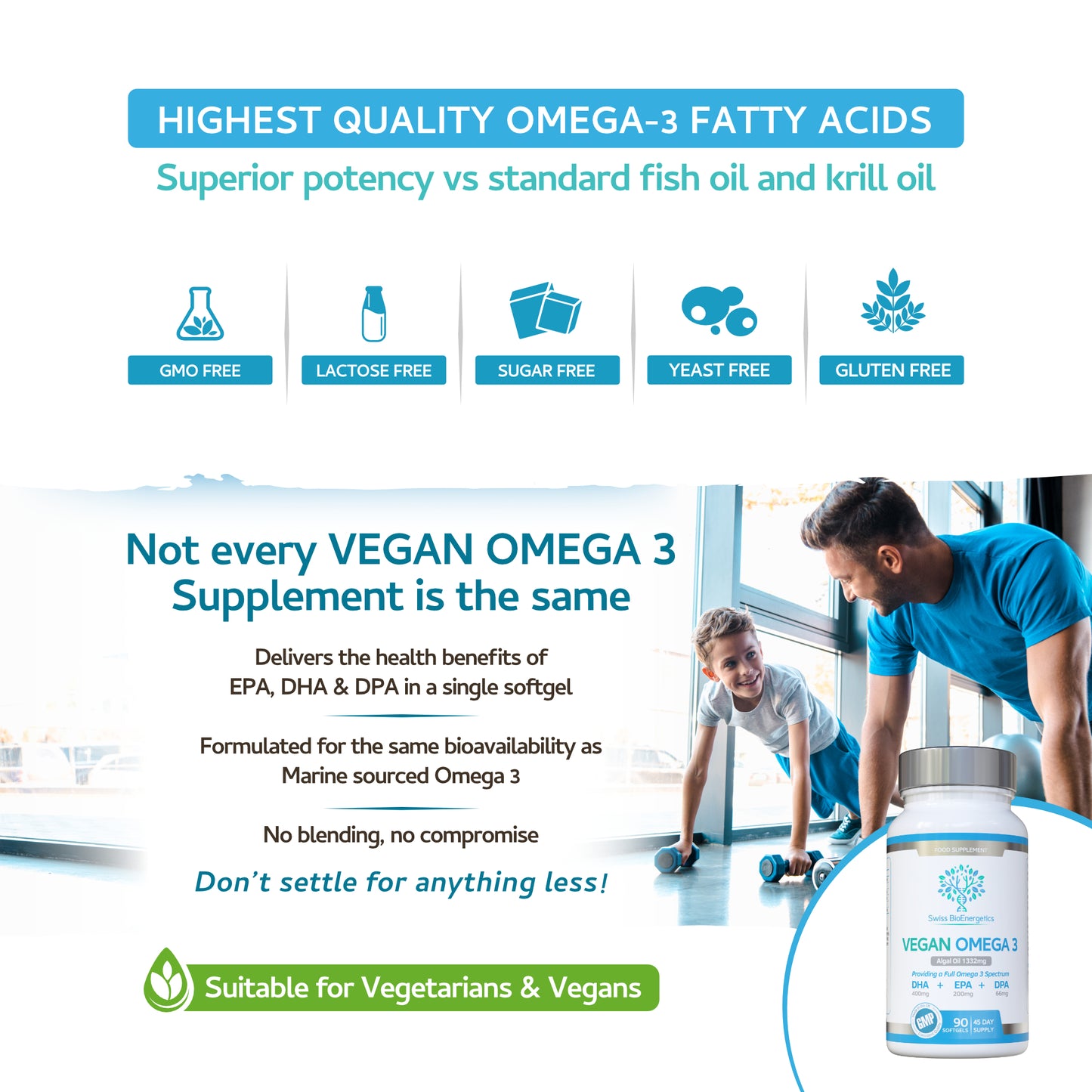 Vegan Omega 3 - Full Spectrum DHA, EPA & DPA - 90 Softgels of Lifes Omega Algal Oil