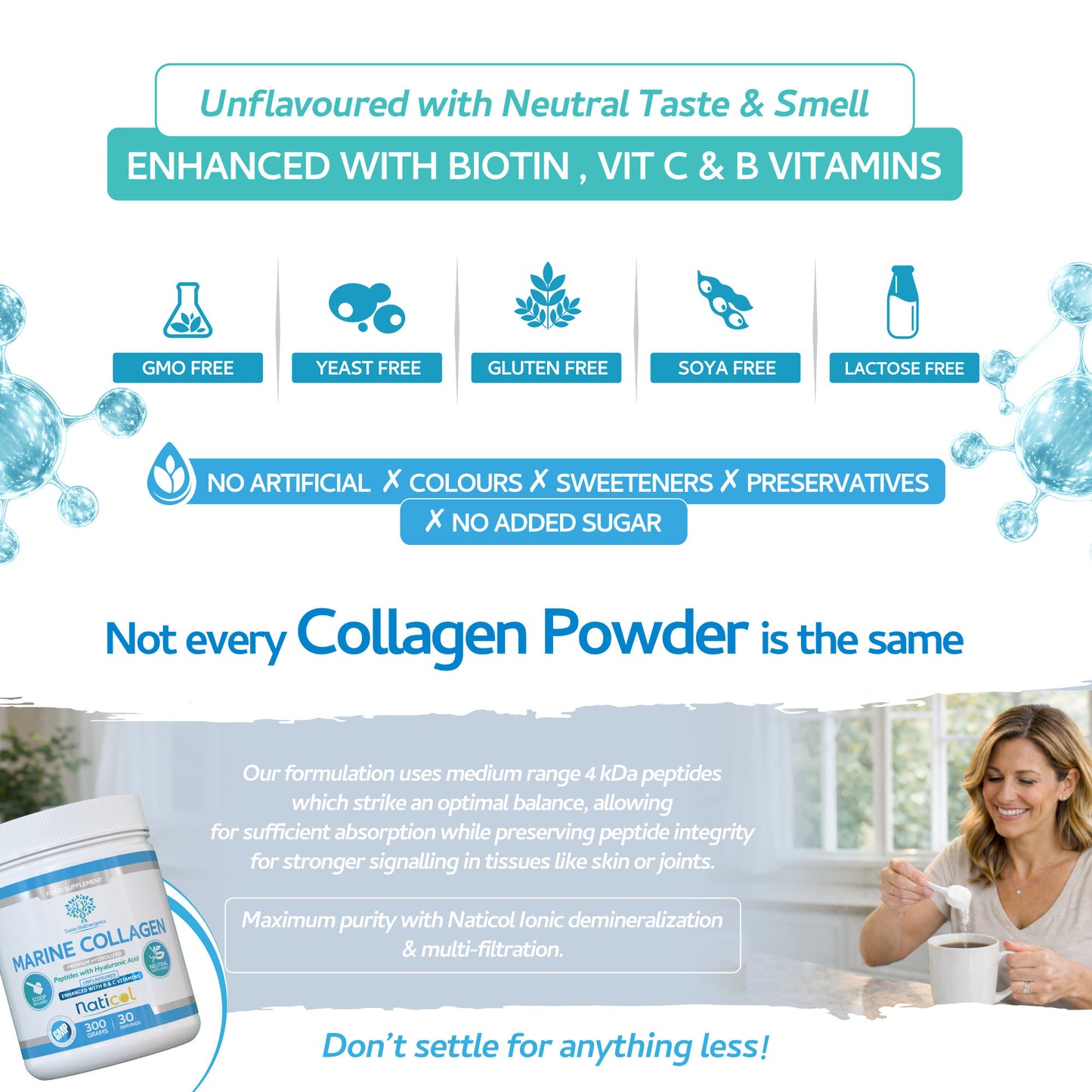 Marine Collagen Hydrolysed Peptides with Hyaluronic Acid & D-Biotin - 300 grams