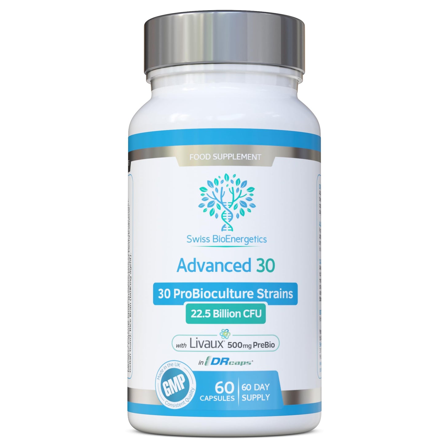 Bio Cultures Complex Probiotics 30-strains, 22.5 Billion CFU plus 500mg Livaux Prebiotic
