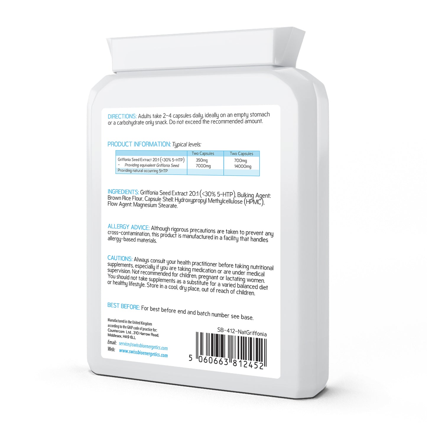 5HTP - Natural Griffonia Seed Extract Supplement – 90 Capsules - Made in The UK to the GMP code of practice