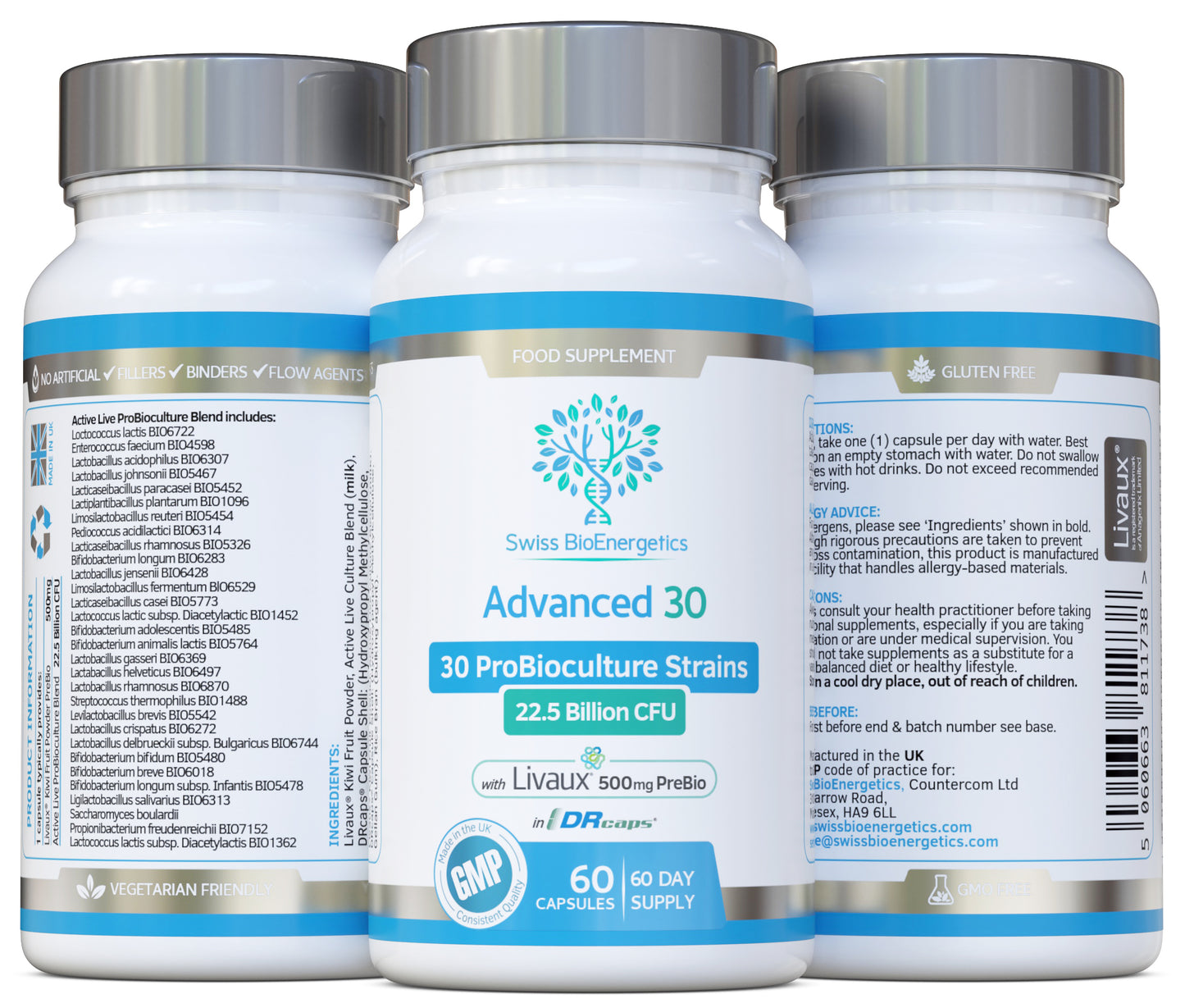 Bio Cultures Complex Probiotics 30-strains, 22.5 Billion CFU plus 500mg Livaux Prebiotic