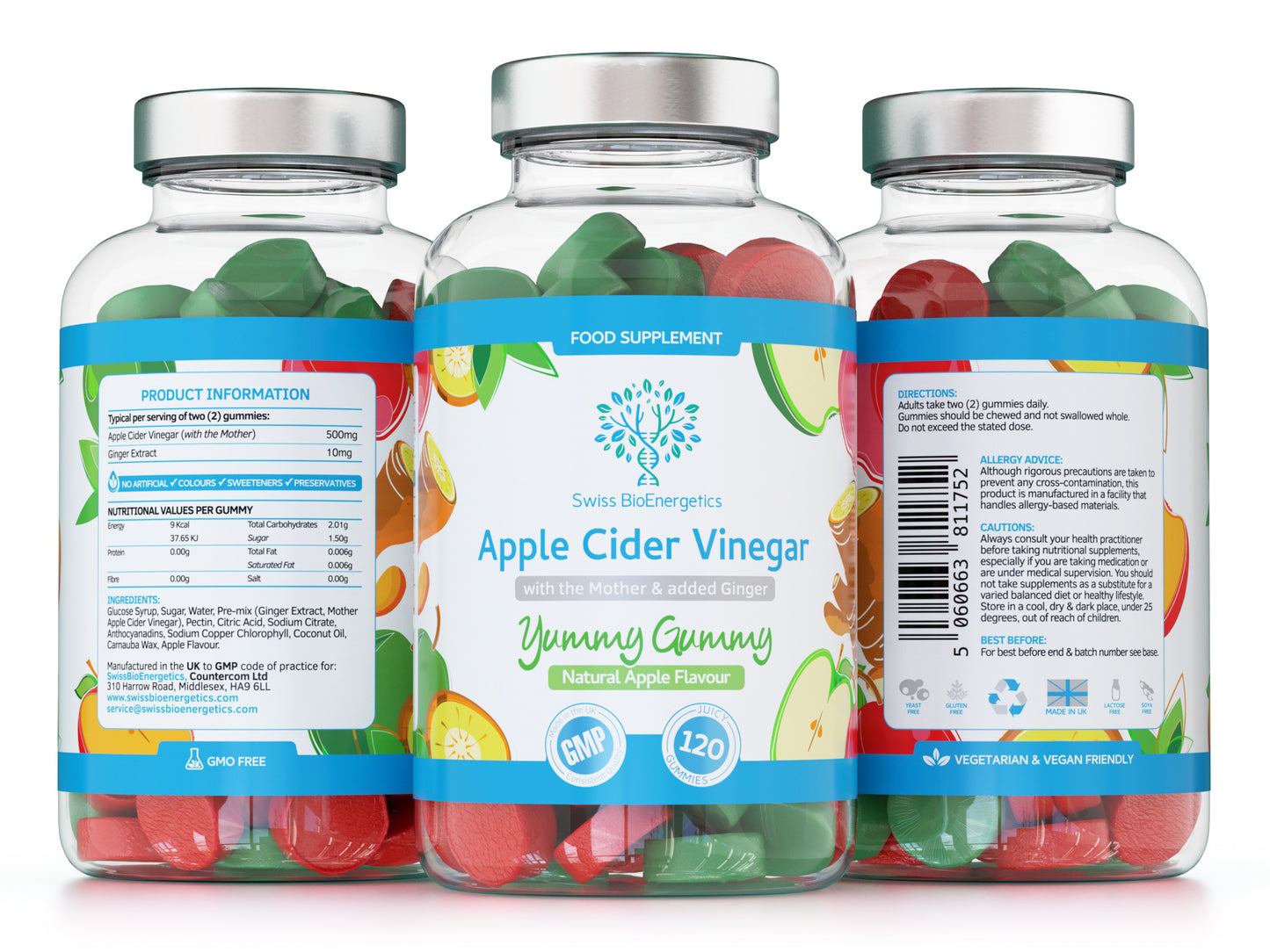 Apple Cider Vinegar Gummies with The Mother & Ginger - 120 Natural Apple Flavoured