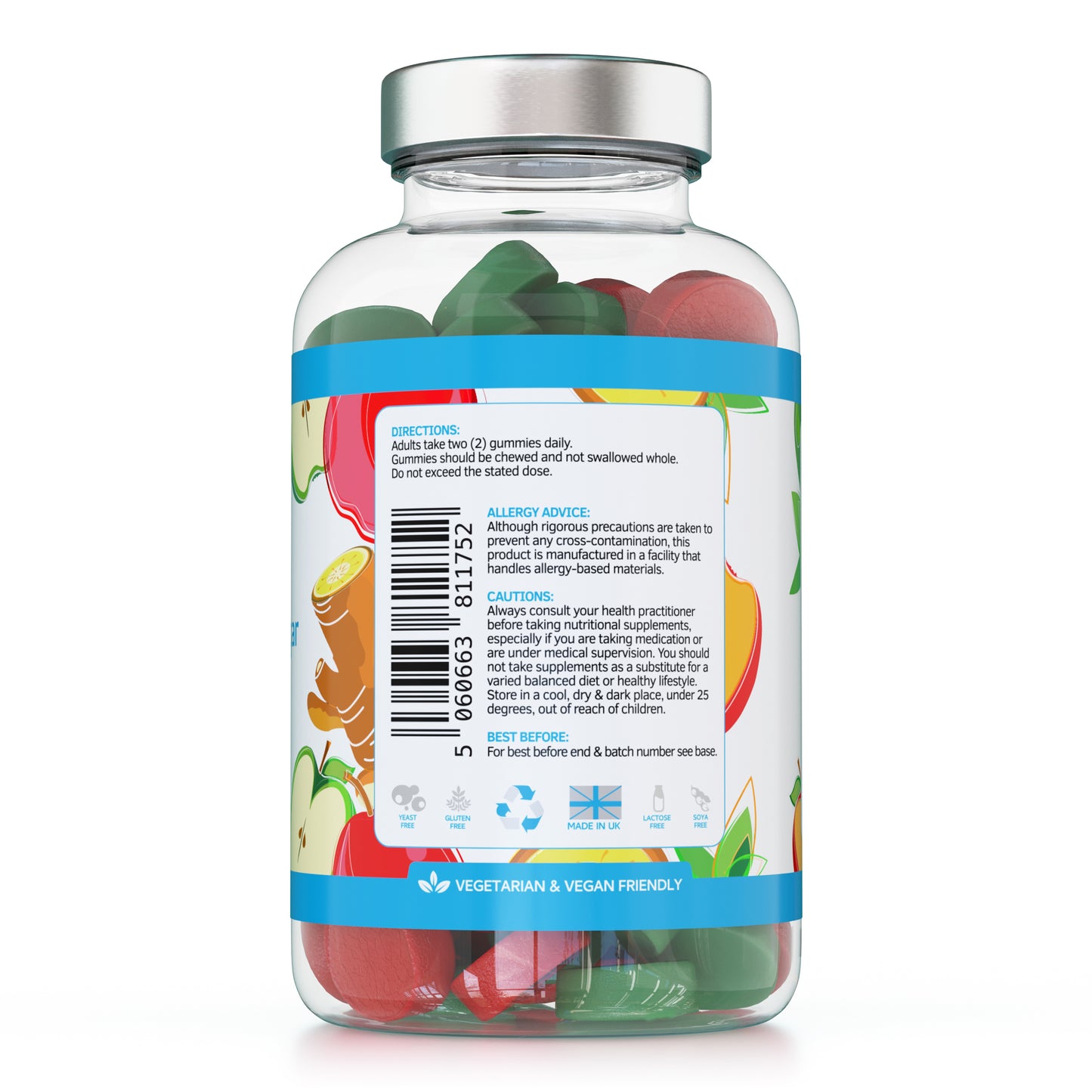 Apple Cider Vinegar Gummies with The Mother & Ginger - 60 Natural Apple Flavoured