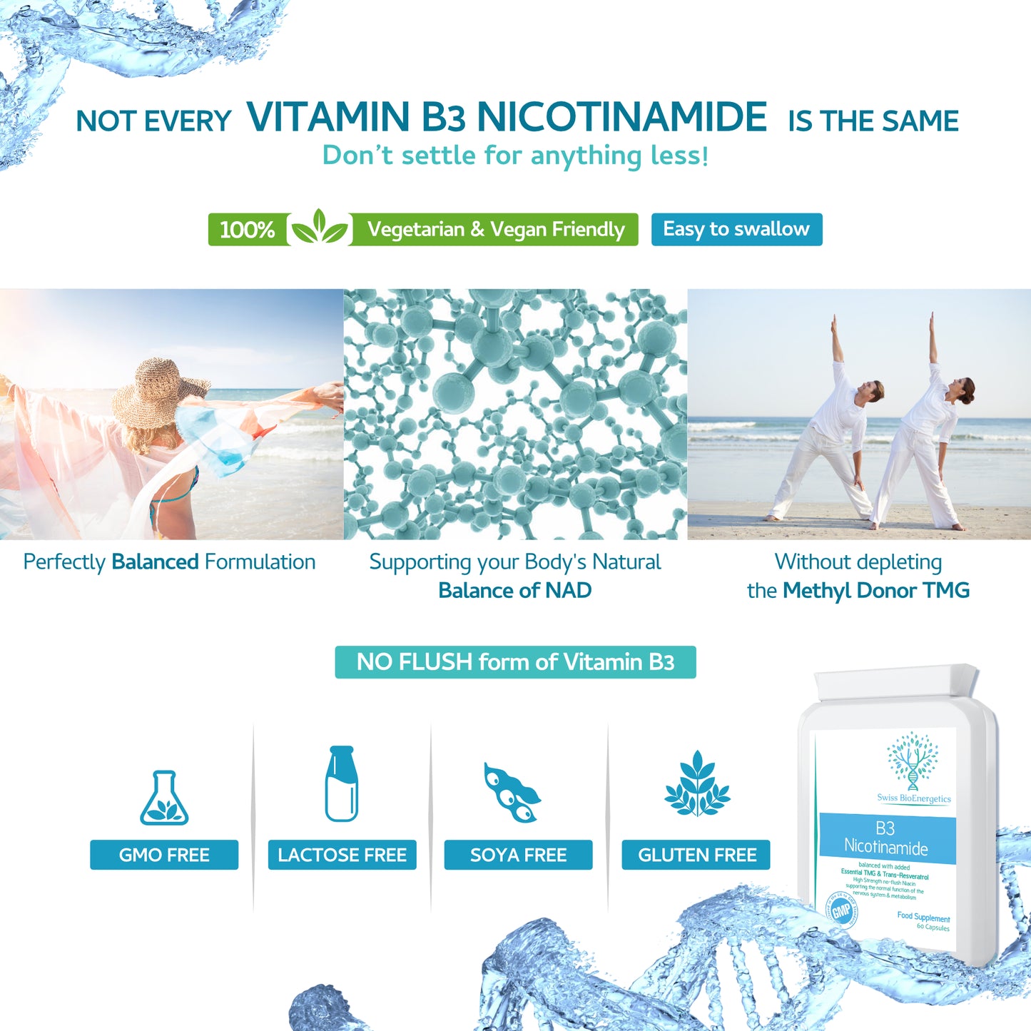 Vitamin B3 Nicotinamide (no Flush Niacin) balanced with Tri-Methyl Glycine (TMG) & Trans-Resveratrol